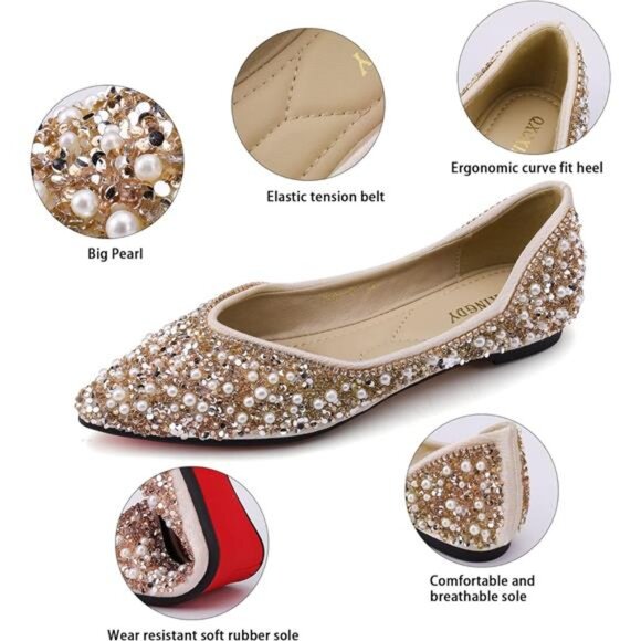 Women's Rhinestone Flats Fashion Pointed Toe Pearl Diamond Low Heel Dress - Picture 5 of 7